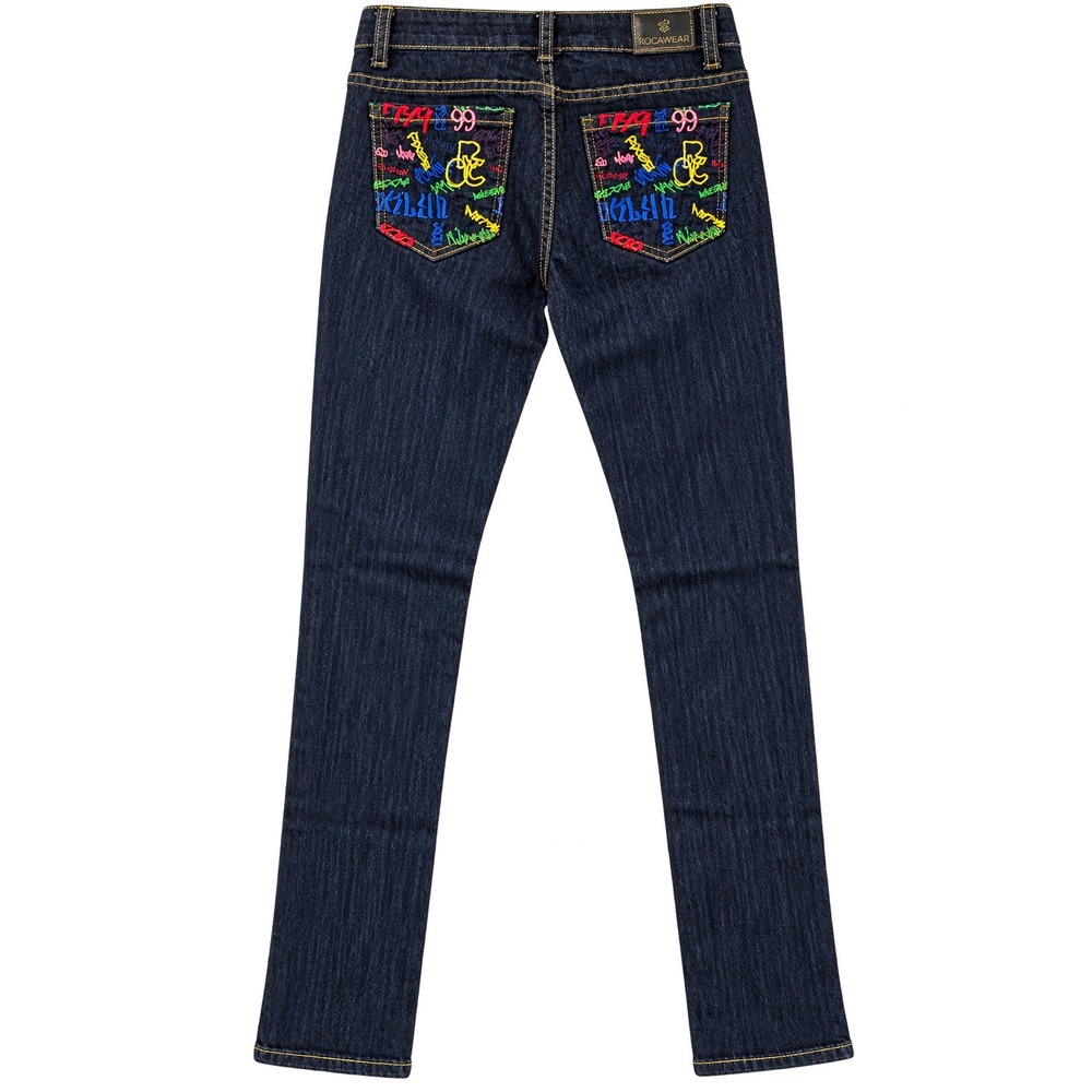 Vintage Y2K Rocawear Jeans Sz 7 Dark Wash Graffiti Embroidered Pocket Denim